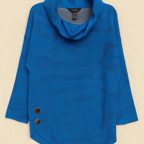 Ali Miles XL Blue Textured Cowl Neck Tunic Sweater Button Detail Long Sleeve - Picture 4 of 9